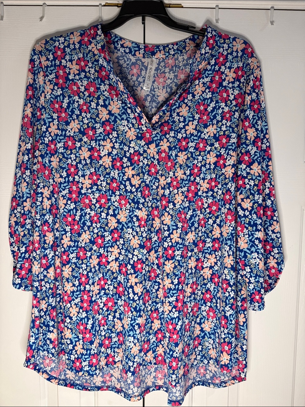 Dear Scarlett - Blue Floral V-Neck Blouse with Pink & Cream Accents